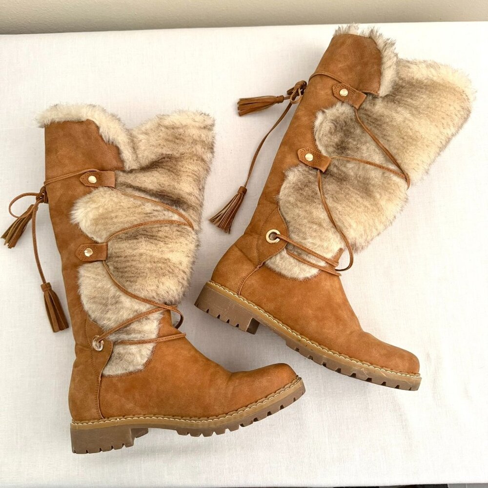 Just Fab Rooney Faux Fur Mid Calf Boots Brown Size 8 Chunky Heel Tassel Detail W
